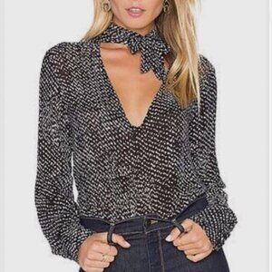 Cloth & Stone Dot Print Tie-Neck Relaxed Long Sleeve Blouse M Black Relaxed